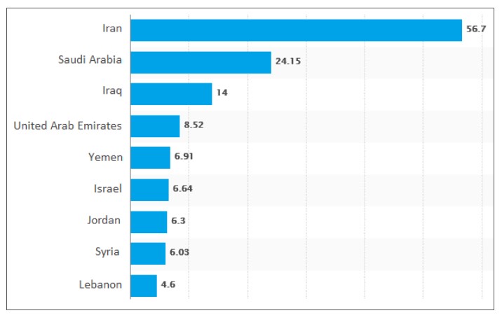 the internet users (in millions) in different countries in the Middle East