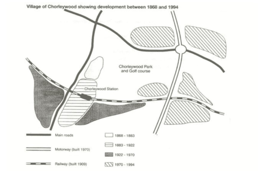 The map shows the growth of a village called Chorleywood between 1868 and 1994